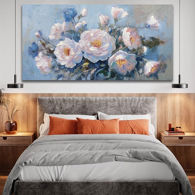Enartly Flower Wall Art Pink Large Living Room Bedroom Wall Decor Canvas Floral Painting Bloosom Picture Textured Retro Artwork Framed for Bathroom Kitchen Spa Home Office Wall Decoration, 40"x20"