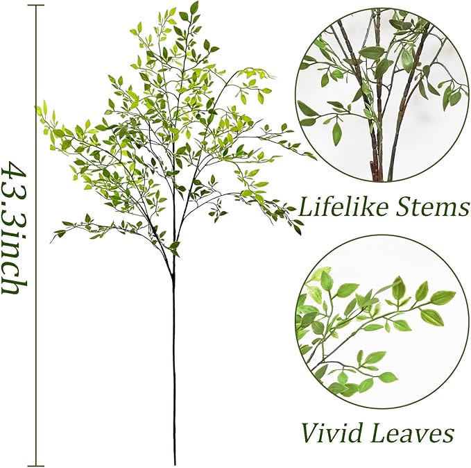 43.3 Inch Green Nandian Fake Plants 2 Pcs Greenery Stems for Vase Decor, Artificial Plants Faux Branches for Vase Filler Fake Leaves Office Home Decor