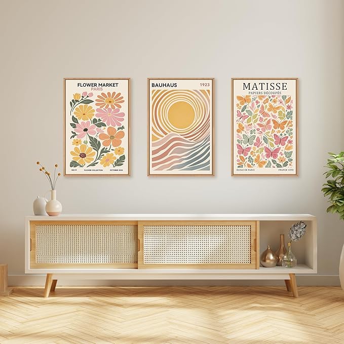 Boho Flower Market Framed Canvas Wall Art Set, Matisse Floral Wall Decor, Abstract Botanical Wall Painting, Nature Floral Illustration Art Prints for Living Room, Bedroom, Office 16"X24"X3