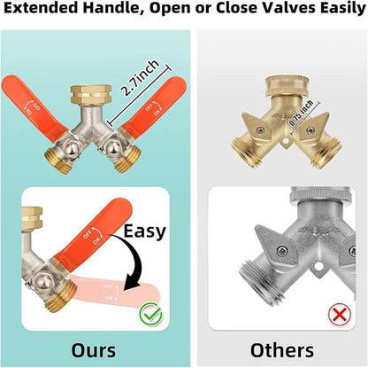2 Way Hose Splitter, Brass High Flow Garden Hose Splitter Heavy Duty, Hose Connector, Water Spigot Splitter, Full Flow Faucet Splitter with shutoff, 3/4” GHT Inlet
