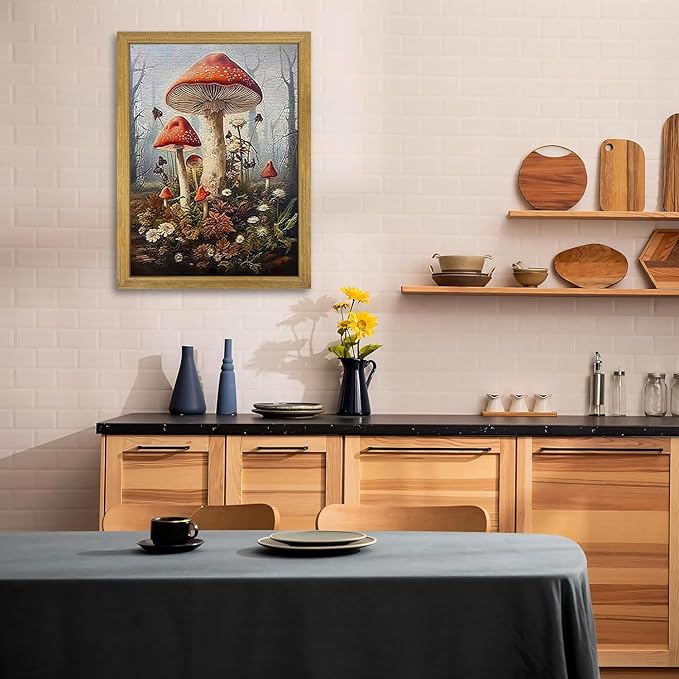 Framed 3D Textured Wall Art, Gothic Dark Mushroom Wall Decor, Vintage Hand Drawn Sandstone Nature Botanical Pictures for Living Room Bathroom Bedroom Dining Room 16x24 inch