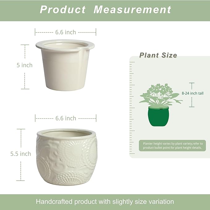 6.5” Ceramic Self Watering African Violet Planter with Embossed Floral Design – Durable Indoor Plant Pot for Orchids, Succulents, and Houseplants
