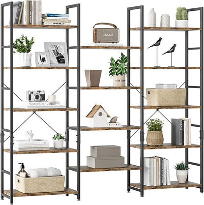 OTK Triple Wide 5 Tier Bookshelf, Rustic Industrial Style Bookcases with 14 Open Display Shelves, Wide Bookshelves for Bedroom, Living Room and Home Office, Rustic Brown