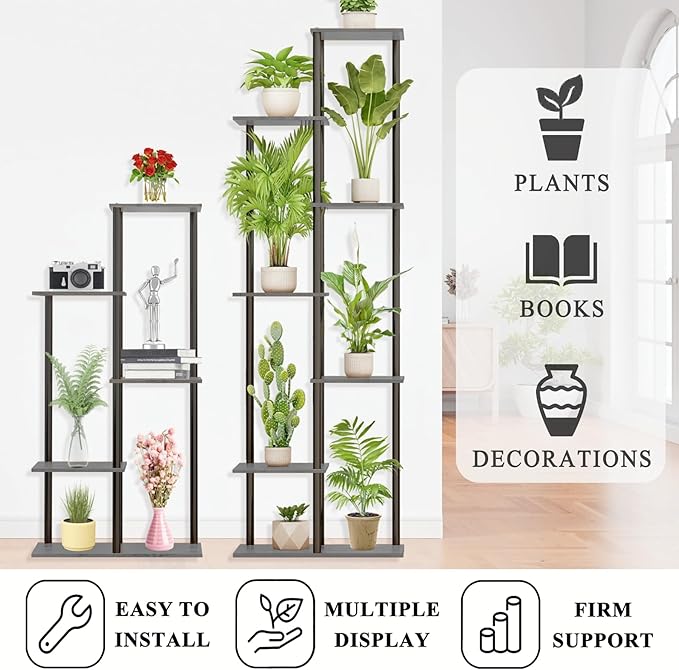 Plant Stand Indoor 7 Tier 8 Potted Metal Wood Plant Shelf, Multiple Flower Pots Corner Tall Plant Holder Stands for Living Room Balcony Bedroom, Oak Grey