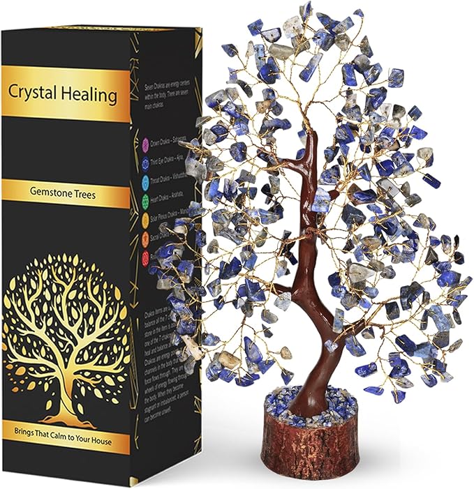 NARIBABU Lapis Lazuli Crystal Tree – 10-12 Inch Gemstone Tree with Golden Wire & Wooden Base – Healing Crystals Decor, Gifts for Her, Birthday Gift for Women, Spiritual Energy