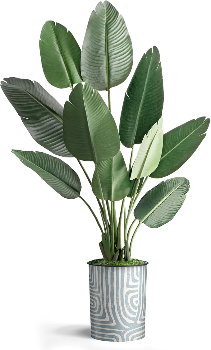 Artificial Tree in Geometric Pattern Planter, Fake Bird of Paradise Silk Tree for Indoor and Outdoor Home Decoration - 58" Overall Tall (Plant Pot Plus Tree)