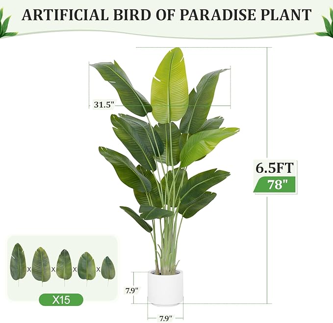 Artificial Bird of Paradise Plant 6.5Ft Tall Fake Tropical Palm Tree Large Fake Plants with 15 Silk Banana Leaves Faux Plant Indoor Decor Trees White Pot for Home Bedroom Living Room Office 2pcs