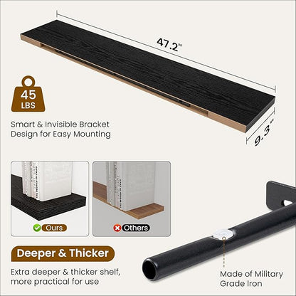 Fun Memories 48 Inch Deep Floating Shelves for Wall, 2 Pack of Long Wall Mounted Wood Shelves with Invisible Brackets for Bathroom, Bedroom, Living Room, Kitchen Decor and Storage, Black