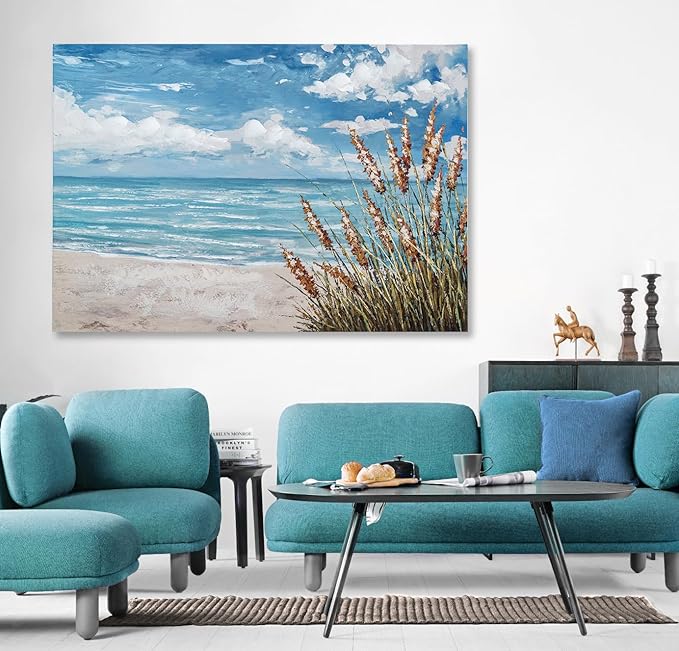 Beach Scene Wall Art, large Blue Ocean Seascape Painting,Seaside weed Coastal Canvas oil Painting Seascape Paintings Coastal Picture Framed Artwork for Living Room Bedroom Office Decor 40" x 28"