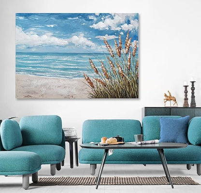 Beach Scene Wall Art, large Blue Ocean Seascape Painting,Seaside weed Coastal Canvas oil Painting Seascape Paintings Coastal Picture Framed Artwork for Living Room Bedroom Office Decor 40" x 28"