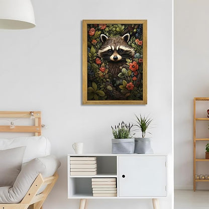 SAMHOU Framed 3D Textured Wall Art, Vintage Hand Drawn Sandstone Raccoon Wall Decor, Dark Academia Animal with Botanical Florals Paintings for Living Room Bedroom Bathroom Home Decor 16x24 inch