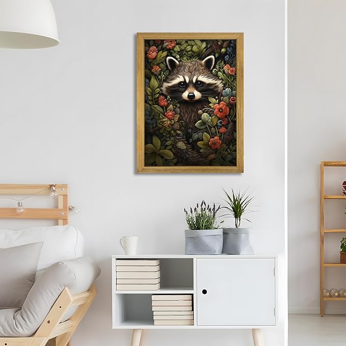 SAMHOU Framed 3D Textured Wall Art, Vintage Hand Drawn Sandstone Raccoon Wall Decor, Dark Academia Animal with Botanical Florals Paintings for Living Room Bedroom Bathroom Home Decor 12x16 inch