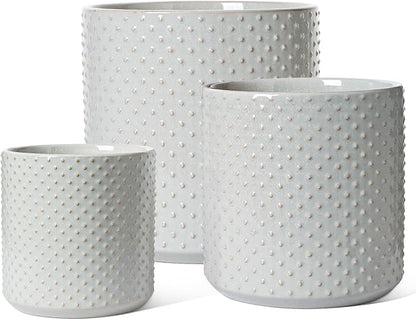 LE TAUCI Ceramic Plant Pots Indoor, 10+8+6 Inch Planters for Indoor Plants, Raised Dots Flower Pots with Drainage Hole and Plug, Cylinder Round Planters, Set of 3, Glaze Star Gray
