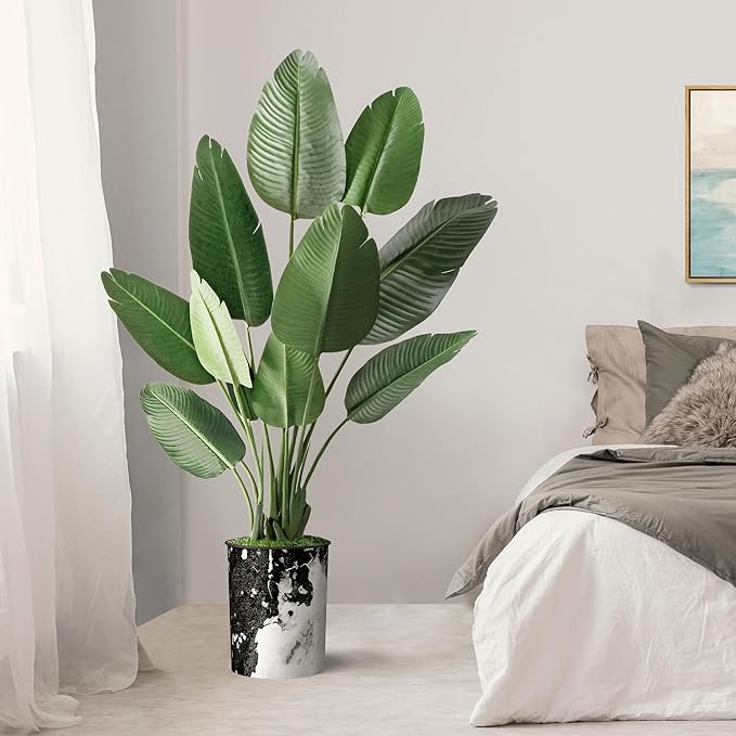 Artificial Tree in Contemporary Granite Effect Planter, Fake Bird of Paradise Silk Tree for Indoor and Outdoor Home Decoration - 58" Overall Tall (Plant Pot Plus Tree)