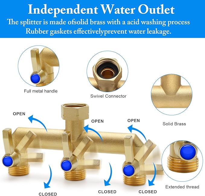 Brass Garden Hose Splitter, 3 Way Hose Splitter, Outdoor Hose Splitter, Outlet for Regulating and Shutting Off Water Flow