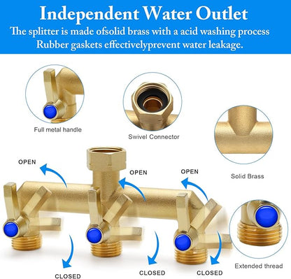 Brass Garden Hose Splitter, 3 Way Hose Splitter, Outdoor Hose Splitter, Outlet for Regulating and Shutting Off Water Flow