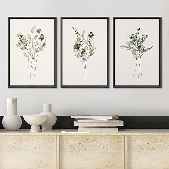 Ashbrook Framed Canvas Print Wall Art Set Wildflower Bouquet Nature Wilderness Illustrations Modern Art Decorative Floral Botanical Minimal Calm/Relax/Cozy for Bedroom - 16"x24"x3 BLACK