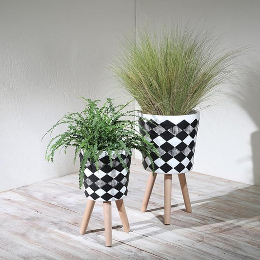 10/12" Set of 2 Geometric Planters for Outdoor and Indoor, Resin & Wood Mid-Century Modern Plant Pots with Stands for Garden and Home Decor, Herb, Succulent & Flower Pot