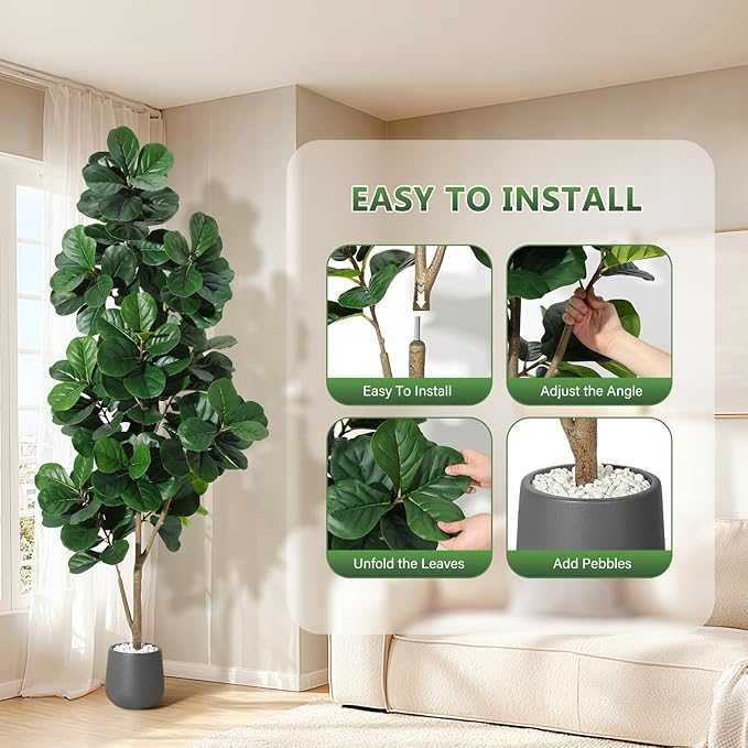 7 ft Fiddle Leaf Fig Tree Artificial with 141 Leaves - Realistic Faux Ficus Lyrata Trees in 9 in Grey Planter Pot, Indoor Fake Floor Plants for Home Office Living Room Decor, Housewarming Gift