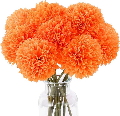 12 Pcs Artificial Chrysanthemums Fall Flowers Silk Orange Marigolds Flowers Fake Mums Flower for Autumn Dia de Los Muertos Diwali Day of The Dead Home Decor (12, Orange)