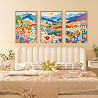 LHIUEM Large Abstract Mountain Flower Framed Canvas Wall Art,Colorful Watercolor Boho Wall Decor,Nature Floral Tree Wall Painting,Bohemian Artwork for Living Room,Bedroom,Dining Room,Office -24"x36"x3