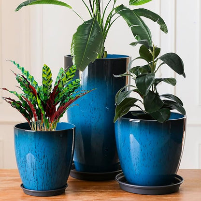 Large Plastic Planters with Tray 11"/12"/21" H Set of 3 for Indoor Outdoor Lightweight Use, Decorative Flower Pots Tall Plant Pot of Garden, Patio, Front Porch Corner Blue Color Round