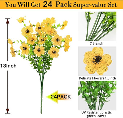 24 Bundles Artificial Flowers for Outdoors Decorations, Fake Flowers Artificial Plants Outdoor, Colorful Daisy Eucalyptus Realistic UV Resistant for Garden Patio Porch Home Decor, Yellow