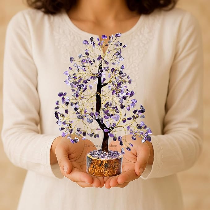 Amethyst Crystal Tree with Golden Wire – Handcrafted Gemstone Bonsai for Positive Energy, Healing & Elegant Home Decor