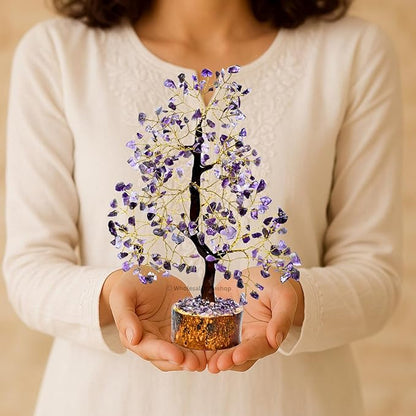 Amethyst Crystal Tree with Golden Wire – Handcrafted Gemstone Bonsai for Positive Energy, Healing & Elegant Home Decor