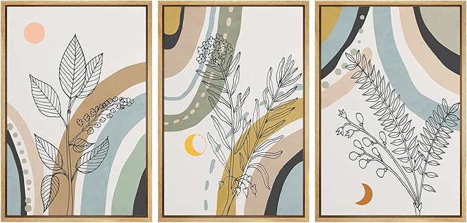Ashbrook Framed Wall Art Print Set 1960s Retro Floral Forest Plant Silhouettes Abstract Nature Illustrations Modern Art Boho Colorful for Living Room, Bedroom, Office - 24"x36"x3 NATURAL