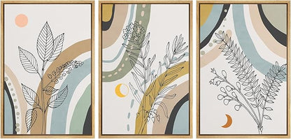 Ashbrook Framed Wall Art Print Set 1960s Retro Floral Forest Plant Silhouettes Abstract Nature Illustrations Modern Art Boho Colorful for Living Room, Bedroom, Office - 24"x36"x3 NATURAL