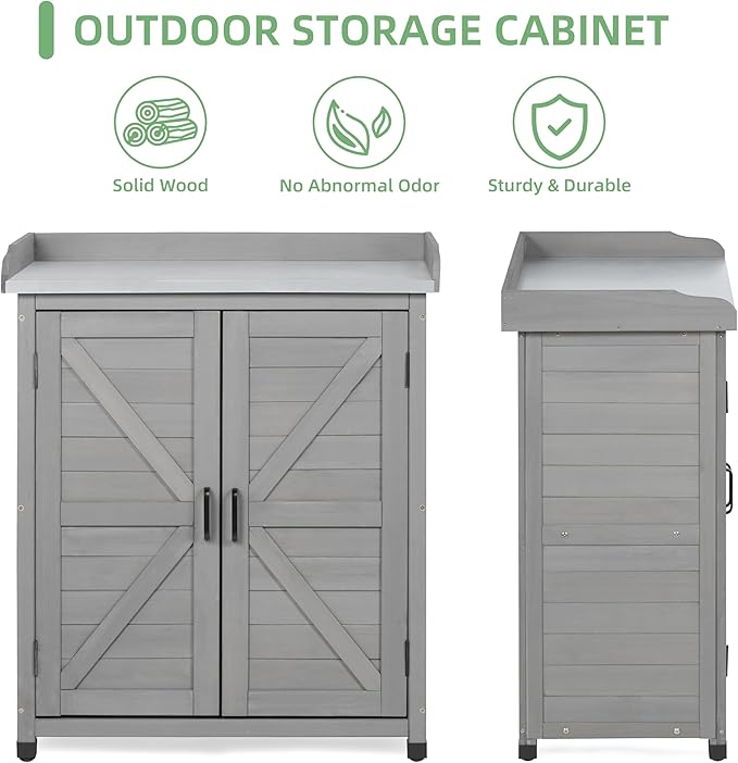 Potting Bench with Storage Cabinet and Metal Table Top for Outdoor Patio, Garden Furniture Wood Workstation (Classsic Grey, 31.5x17x39)