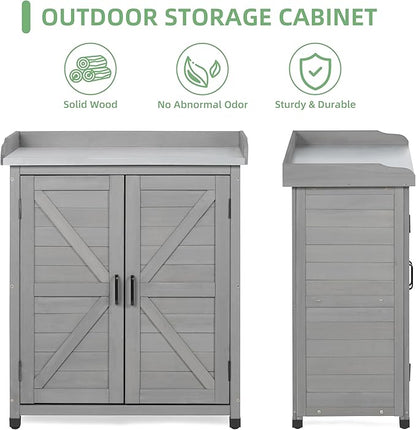 Potting Bench with Storage Cabinet and Metal Table Top for Outdoor Patio, Garden Furniture Wood Workstation (Classsic Grey, 31.5x17x39)
