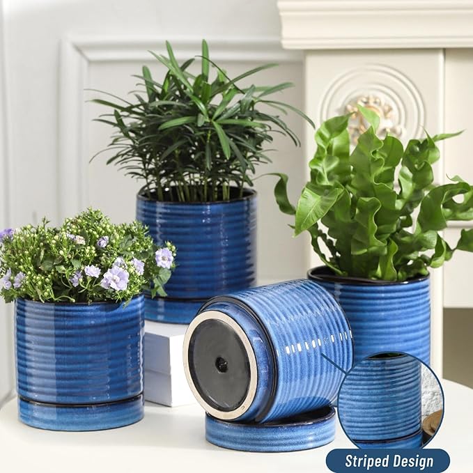 HASENSE Ceramic Plant Pots, 4.6 Inch Succulent Flower Pots for Indoor Plants, Modern Glaze Planter with Drainage Hole and Saucer, Blue Mini Windowsill Tabletop Decor, Set of 4