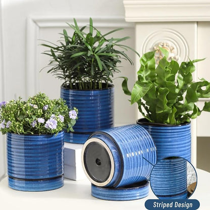 HASENSE Ceramic Plant Pots, 4.6 Inch Succulent Flower Pots for Indoor Plants, Modern Glaze Planter with Drainage Hole and Saucer, Blue Mini Windowsill Tabletop Decor, Set of 4