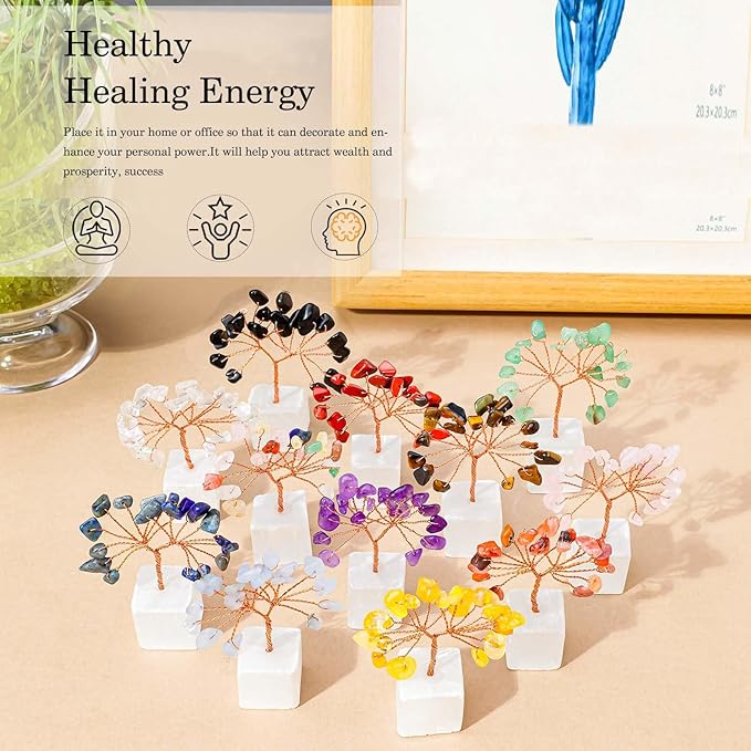 Runyangshi 12pcs Crystal Tree Set Natural Healing Crystal Gemstone Tree of Life with Selenite Base Trees Fengshui Good Luck Purification Positive Energy Home Decor