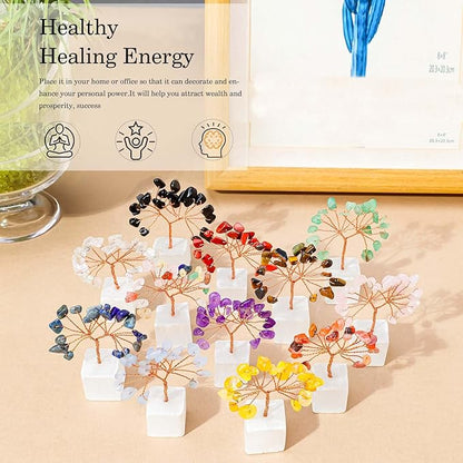 Runyangshi 12pcs Crystal Tree Set Natural Healing Crystal Gemstone Tree of Life with Selenite Base Trees Fengshui Good Luck Purification Positive Energy Home Decor