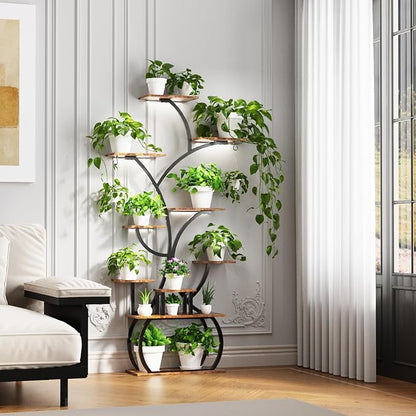 VINGLI 61" Tall Plant Stand with Grow Light, 10-Tier Indoor Plant Shelf with LED Light Strips, Tree-Shaped Metal Rack for Indoor Growing, Black