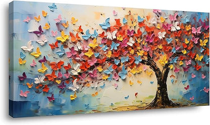 Butterfly Tree Canvas Wall Art Colorful Tree of Life Canvas Oil Painting Prints for Living Room Office Abstract Butterfies Tree Wall Décor Artwork Family Bedroom Farmhouse Décor,Ready to Hang (16x32 Inches)