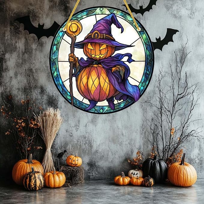 Acrylic Window Hanging Pumpkin Wizard Stained Panel Window Decoration for Halloween Decorations Outdoor Indoor Garden Yard Home Halloween Decor 12 Inch