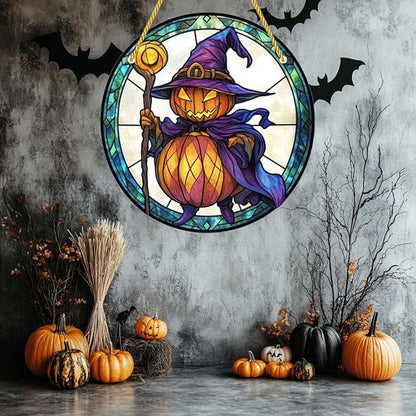Acrylic Window Hanging Pumpkin Wizard Stained Panel Window Decoration for Halloween Decorations Outdoor Indoor Garden Yard Home Halloween Decor 12 Inch
