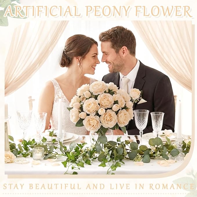 36 Bundles Artificial Flowers Peonies Roses Fake Bouquet for Wedding Bridal Shower Valentine's Day Decorations Fake Floral Arrangements Table Centerpieces Home Decor(Champagne)