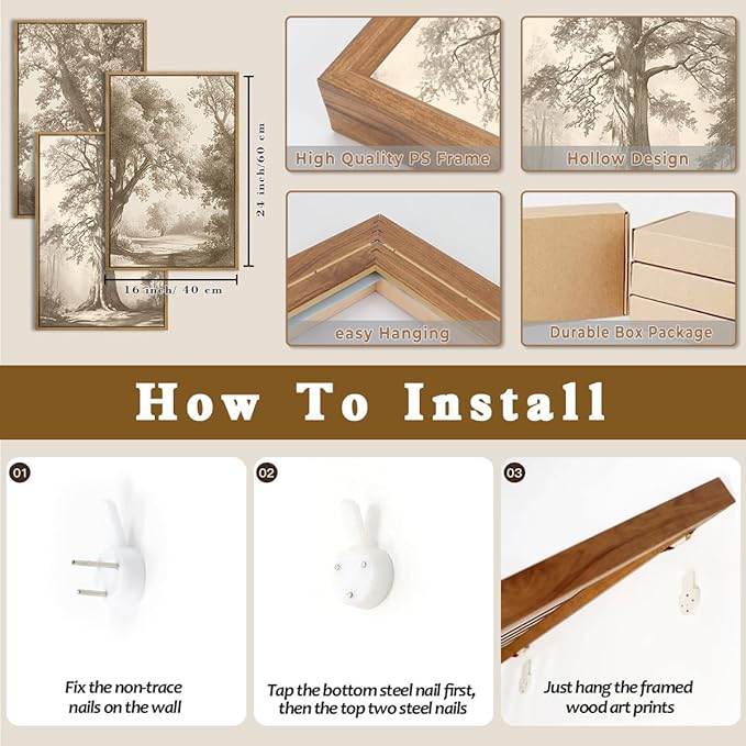 Vintage Tree Wall Art Framed Tree Sketch Antique Painting Neutral Forest Wall Decor 16x24 Inch Set of 3 for Living Room Bedroom