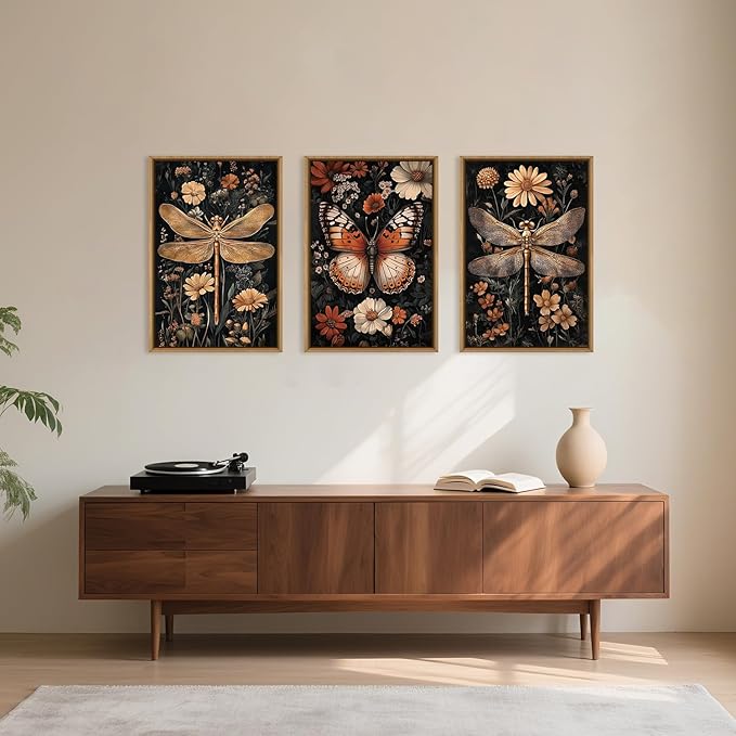 Large Vintage Butterfly and Dragonfly Wall Decor Framed Canvas Wall Art,Retro Dark Animal Floral Wall Decor, Moody Insect Wildflowers Botanical Artwork for Living Room,Bedroom,office-16 x24 x3