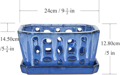 W&W Orchid Pot with Holes and Saucer for Repotting, White and Blue, 9.7 Inches
