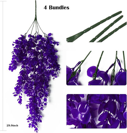 RECUTMS 4 Pack Artificial Plants Hanging Faux Eucalyptus Leaf Greenery Fake Plant for Wall House Room Patio Indoor Outdoor Home Shelf Office Decor (Purple)