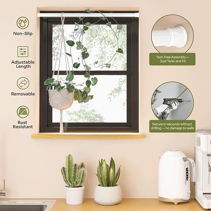 Bamworld Window Plant Hanger Indoor Adjustable Hanging Planters for Indoor Plants Spring Tension Rods 27''-51'' No Drilling Expandable Hanging Plant Holder for Hanging Basket for Balcony Decor (White)