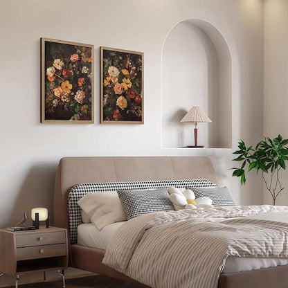Framed Vintage Canvas Wall Art Classic Floral Oil Painting Style Poster Picture Countryside Painting Nature Scenery Modern Home Print Living Room Gallery Office Ready to Hang 16x24 Inch x2