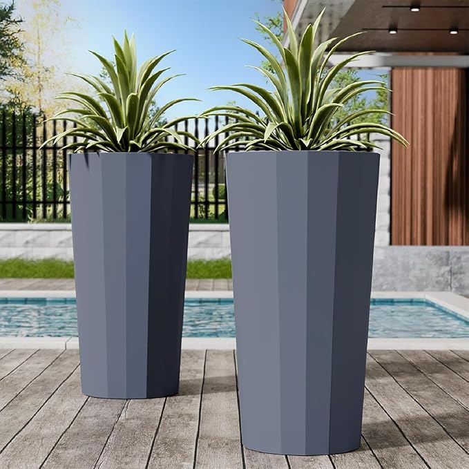 2PCS Tall Planters for Outdoor Plants, 23.6 Inches Large Outdoor Conical Flower Pots for Porch with Drainage Holes and Drainage Baffle, Tapered Large Planters for Garden, Balcony Use, Grey