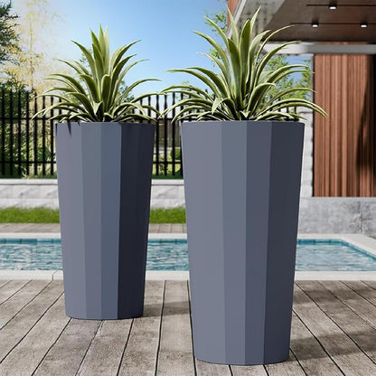 2PCS Tall Planters for Outdoor Plants, 23.6 Inches Large Outdoor Conical Flower Pots for Porch with Drainage Holes and Drainage Baffle, Tapered Large Planters for Garden, Balcony Use, Grey
